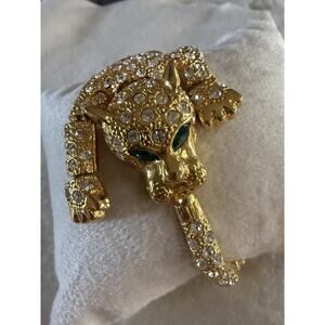 Runway Leopard Jungle Cat Drape Bracelet Clear Rhinestones Gold Plated